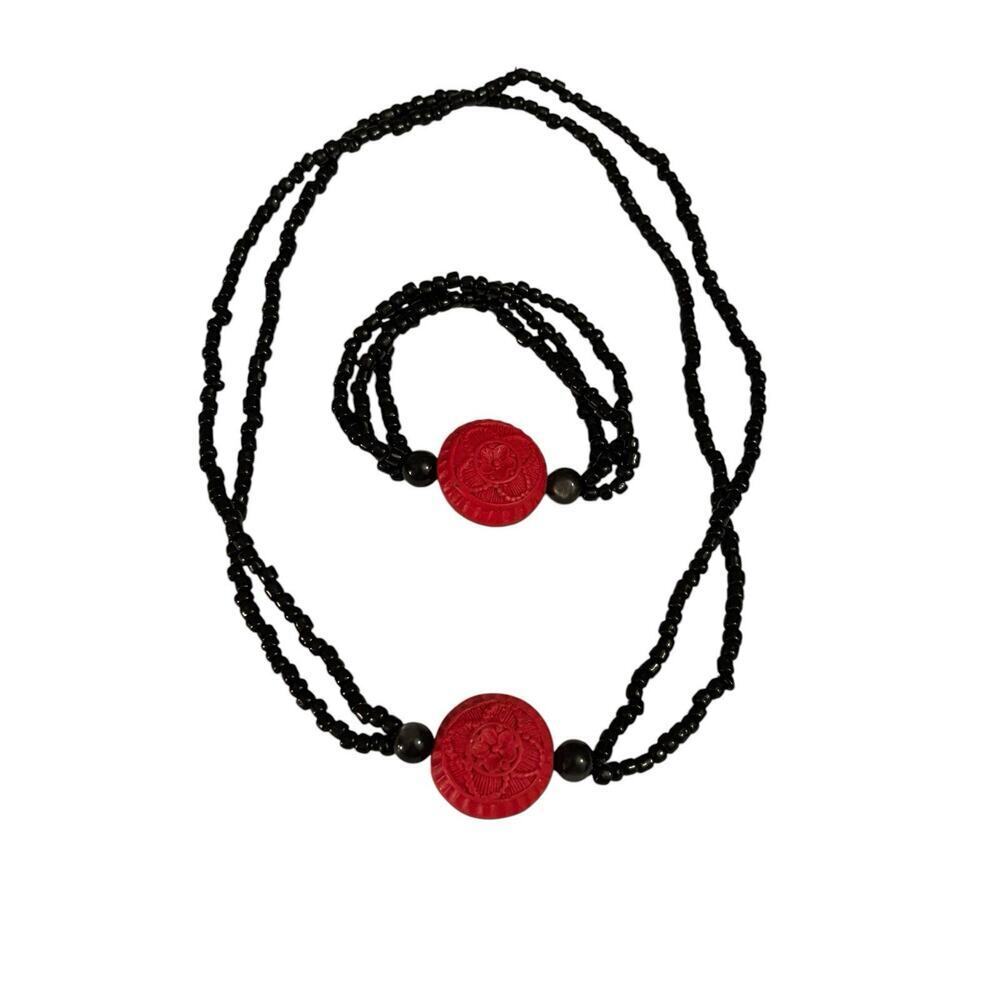 Red Faux Cinnabar Stretch Necklace Bracelet Set Black Onyx Beads